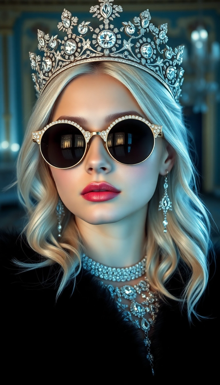 HD iPhone Young Platinum Blonde Queen in Black Fur Appealing Wallpaper Photo